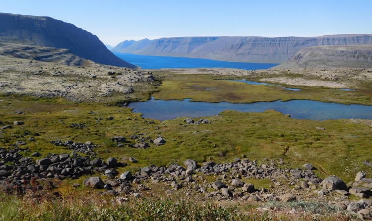 Uitzicht van de hoogvlakte Dynjandisheiđi over het Suđurfiđir fjord