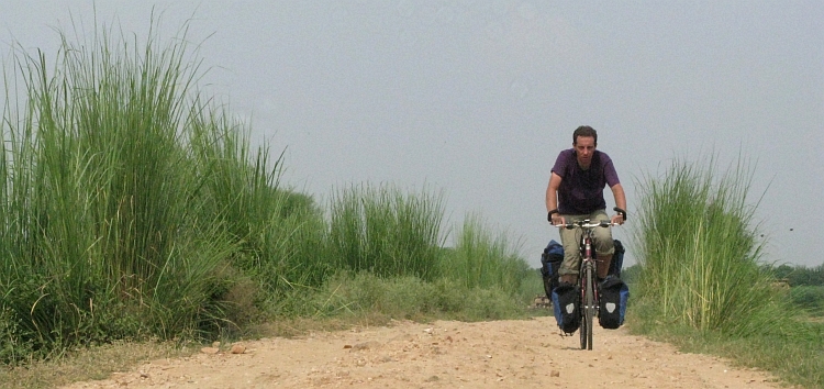 Me on our first unpaved road in India, only twenty kilometres southwest of Gurgaon. Picture by Willem Hoffmans